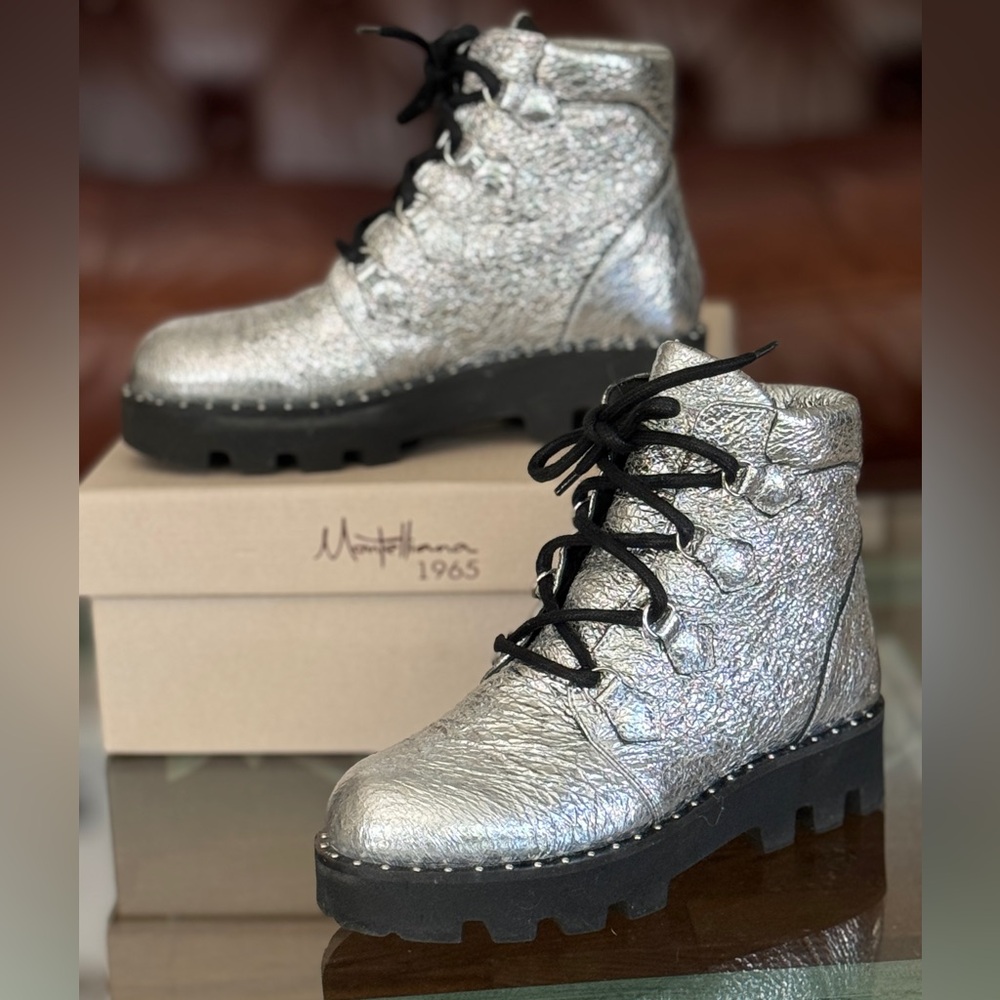 Montelliana 1965 Claudine Metallic Leather Lace Up Ankle Boots Size 37